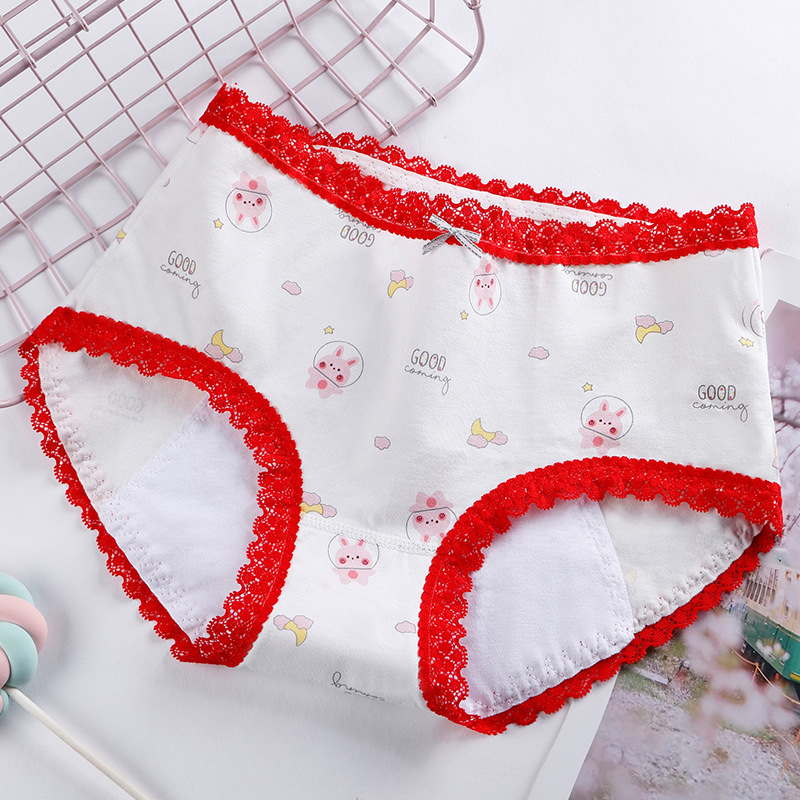 Cute Printed Girl's Lace Waistband Anti Side Leakage Period Panties Underwear 2