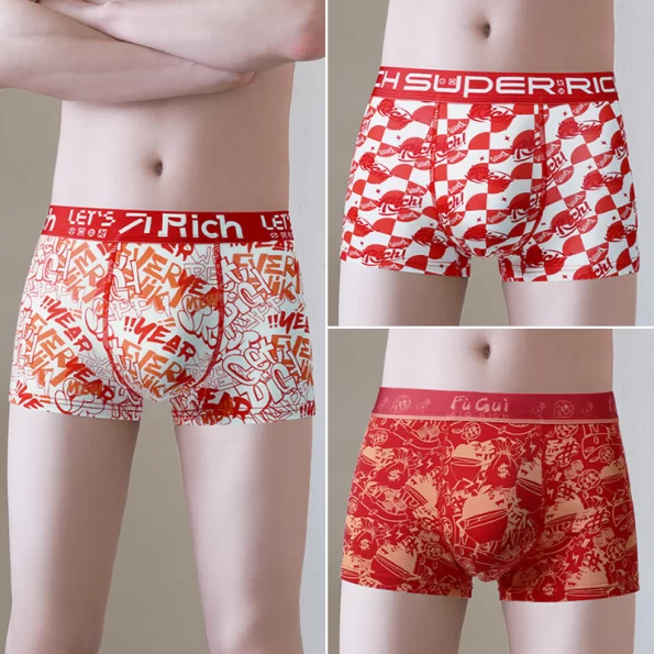 Red Mid Rise Cotton Men's Boxer Briefs With Stylish Prints 14