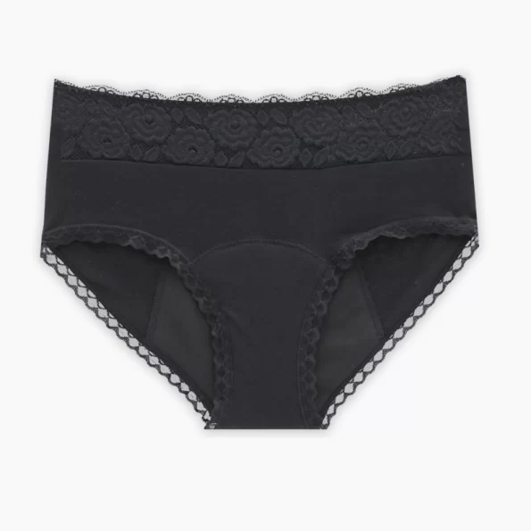 Black Mid Waist Pure Cotton Lace Period Panties with Four Layer Leak Protection 1