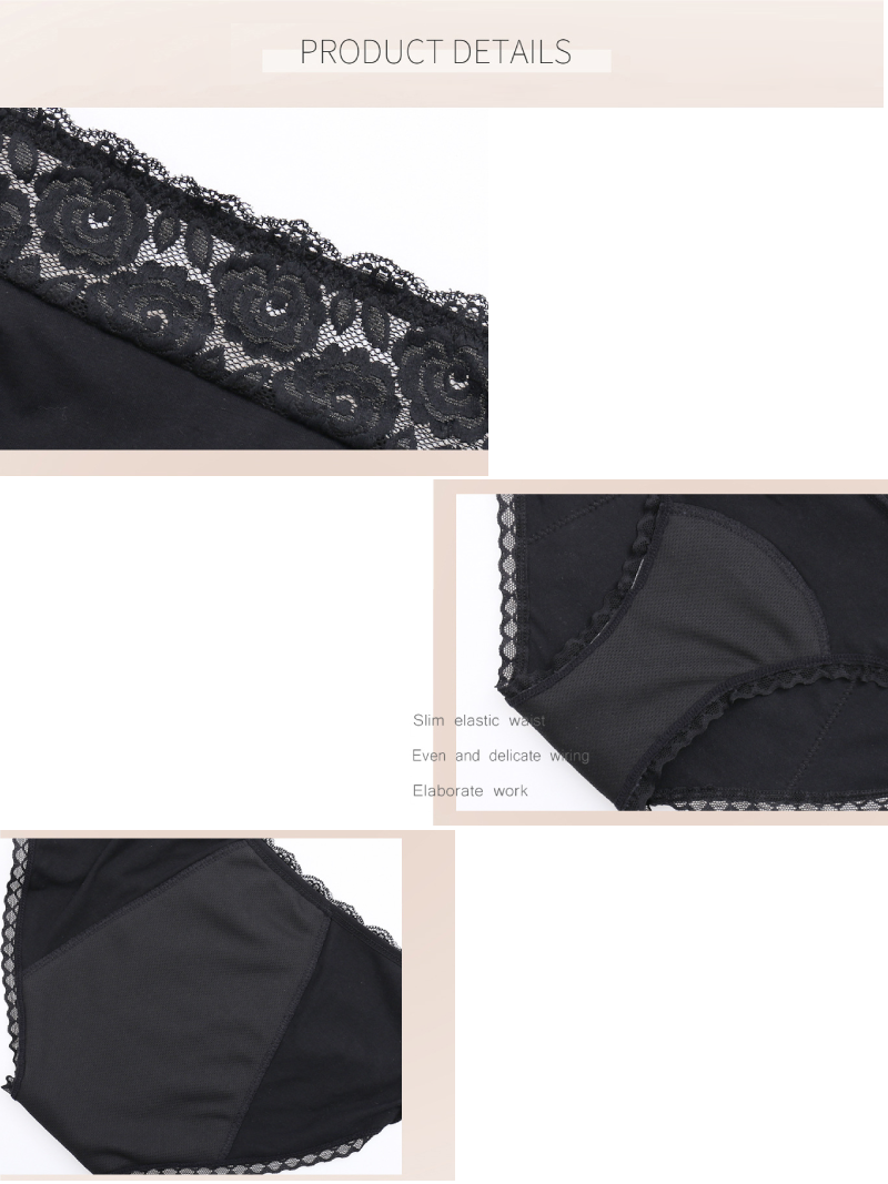 Black Mid Waist Pure Cotton Lace Period Panties with Four Layer Leak Protection 11