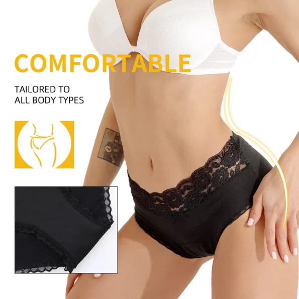 Black Mid Waist Pure Cotton Lace Period Panties with Four Layer Leak Protection 2