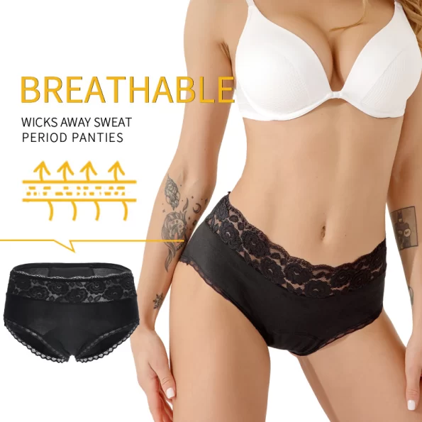 Black Mid Waist Pure Cotton Lace Period Panties with Four Layer Leak Protection 3