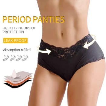 Black Mid Waist Pure Cotton Lace Period Panties with Four Layer Leak Protection 5